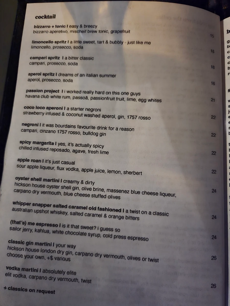 Menu, Lums Wine Bar