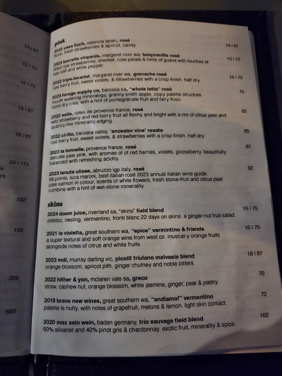 Menu, Lums Wine Bar
