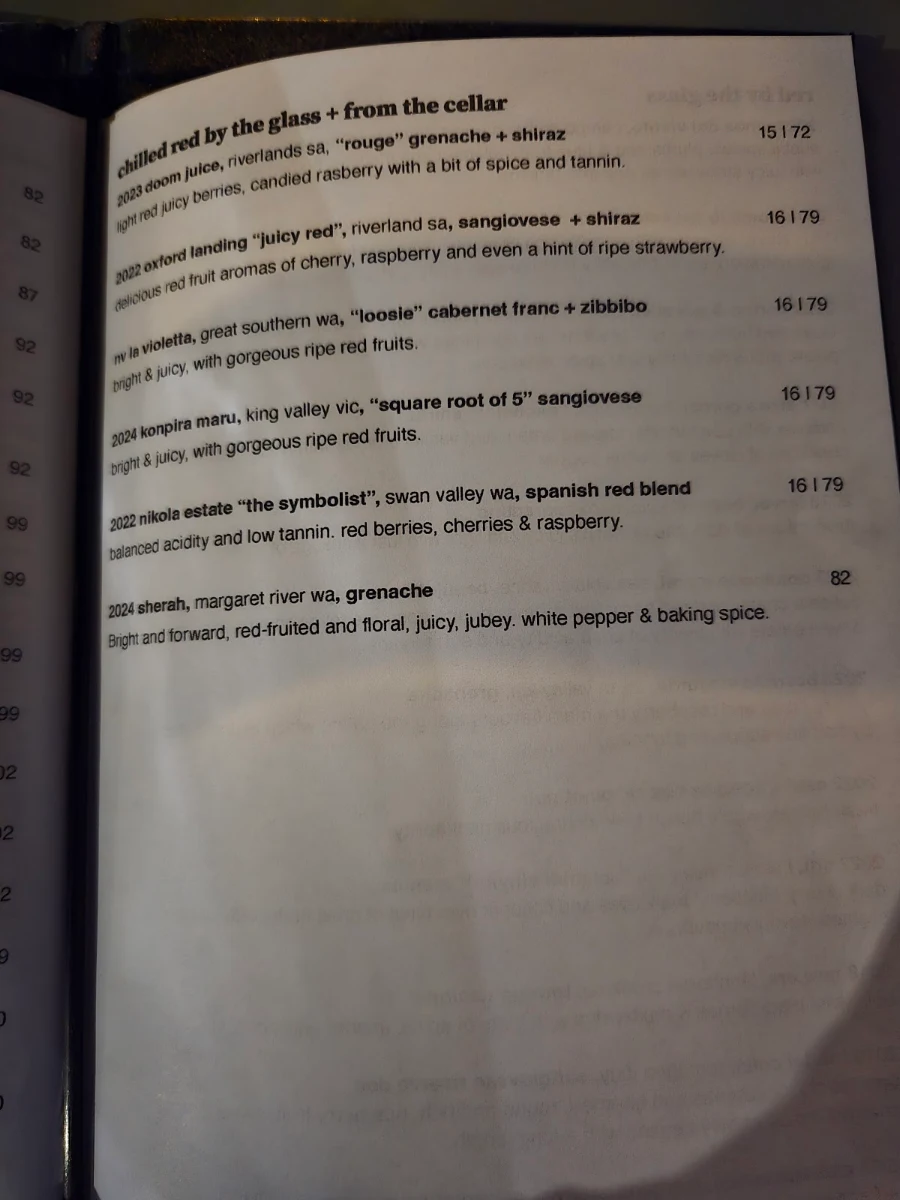 Menu, Lums Wine Bar