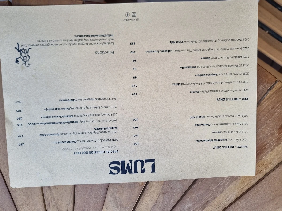 Menu, Lums Wine Bar
