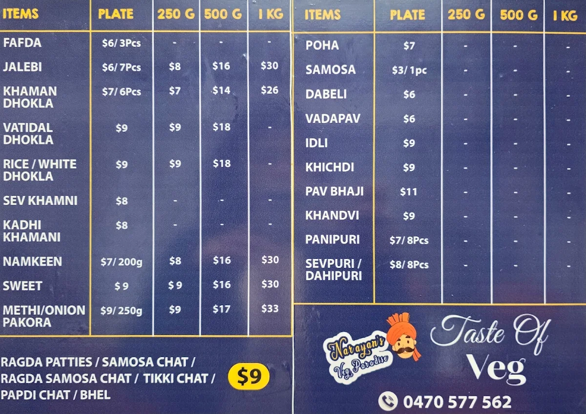 Menu, Narayans Veg Paradise