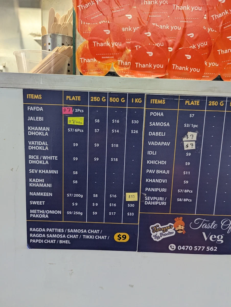 Menu, Narayans Veg Paradise