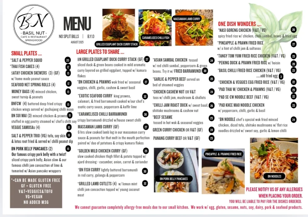 Menu, Basil Nut Springwood