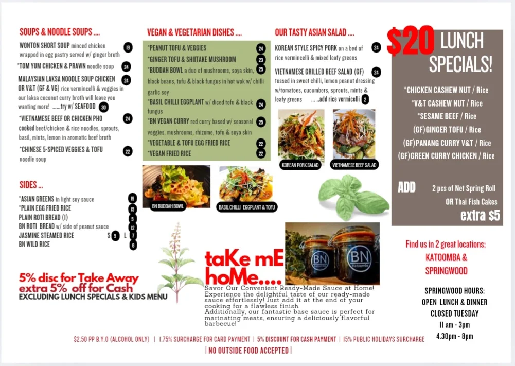 Menu, Basil Nut Springwood