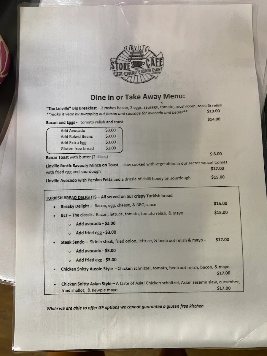Menu, Linville Store and Cafe