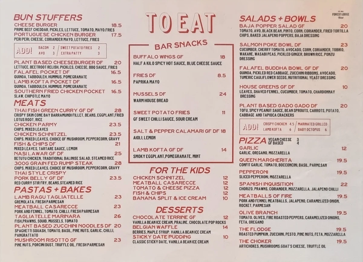 Menu, Forest Lodge Hotel