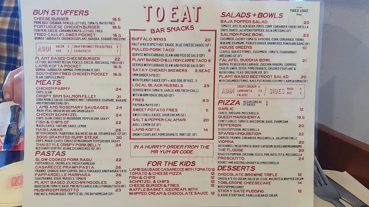 Menu, Forest Lodge Hotel