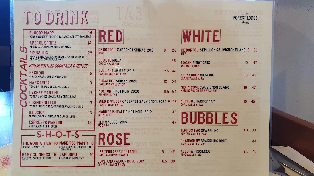 Menu, Forest Lodge Hotel