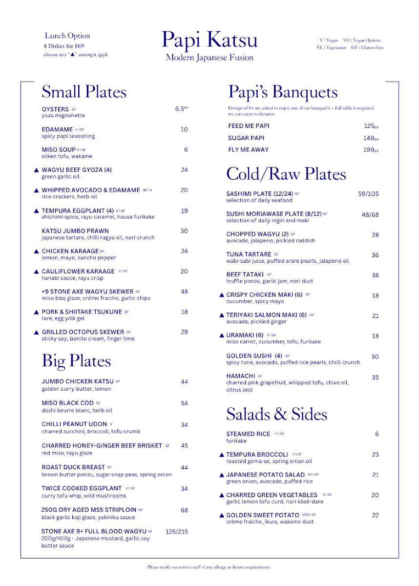 Menu, Papi Katsu Japanese Restaurant