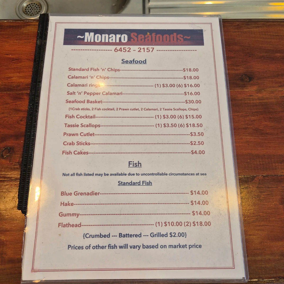 Menu, Monaro Seafoods