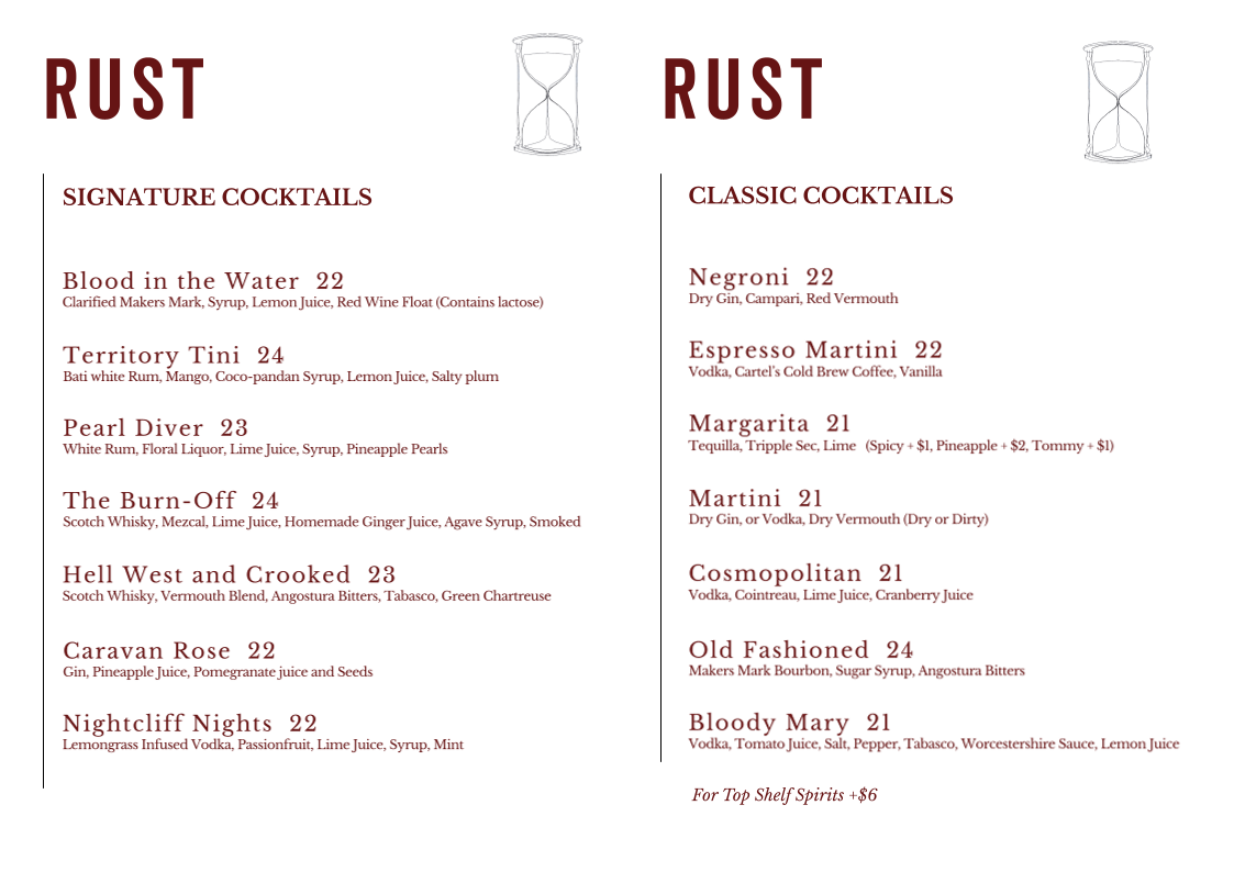 Menu, Rust Bar & Lounge