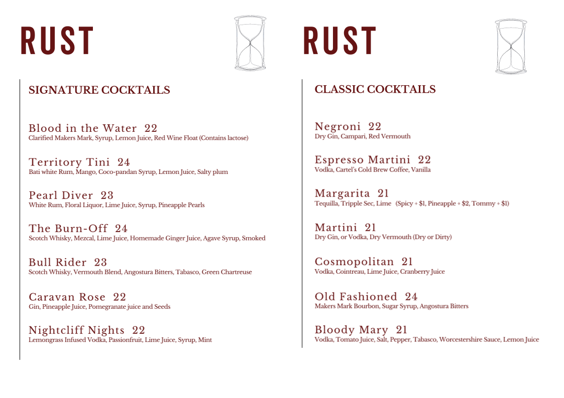 Menu, Rust Bar & Lounge