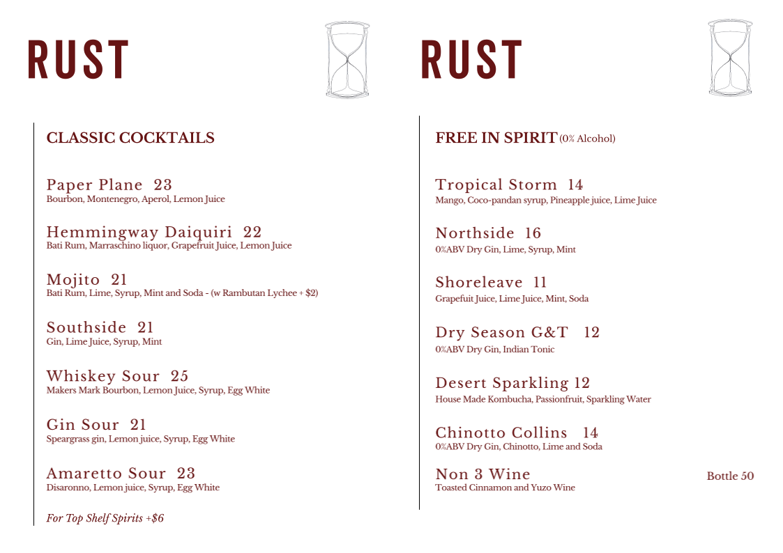 Menu, Rust Bar & Lounge