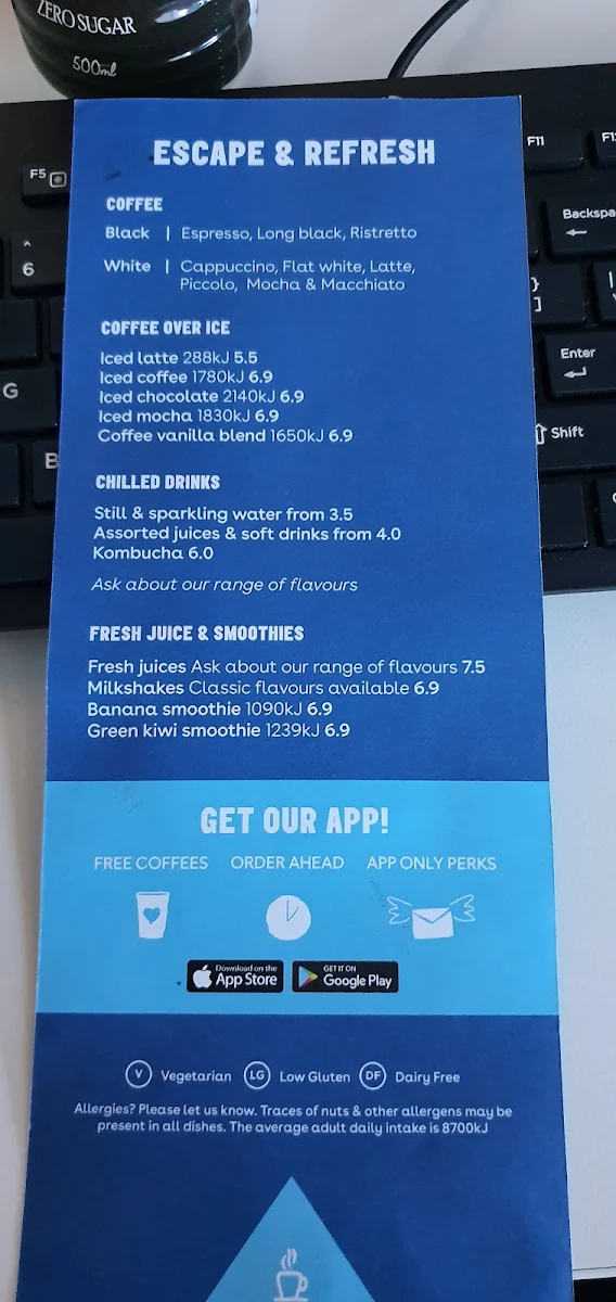 Menu, Jamaica Blue Calvary Adelaide Hospital