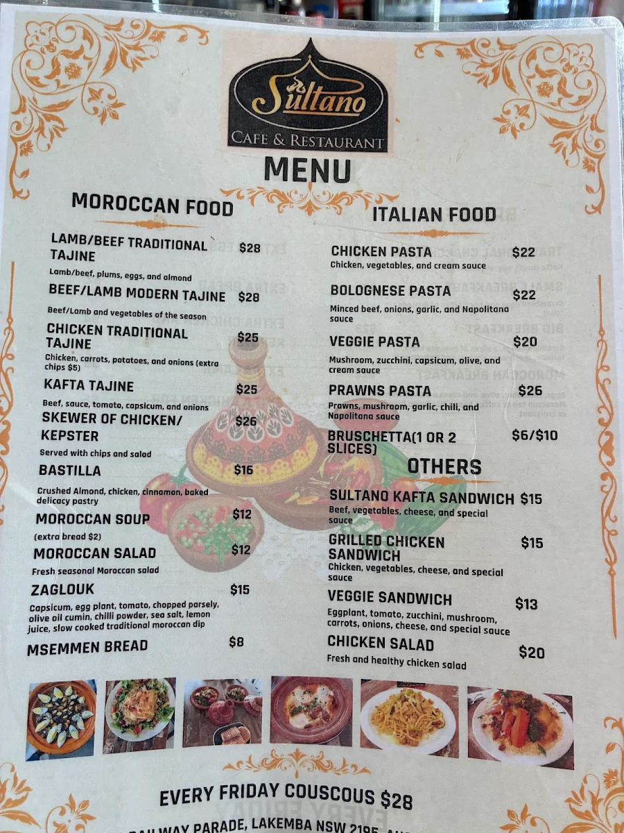 Menu, Sultano cafe