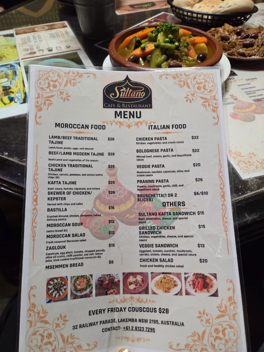 Menu, Sultano cafe
