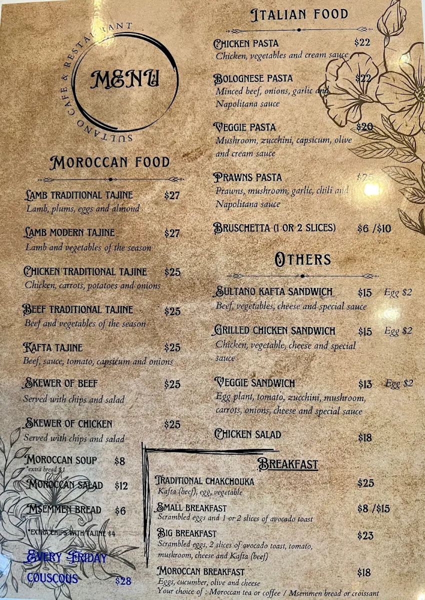 Menu, Sultano cafe