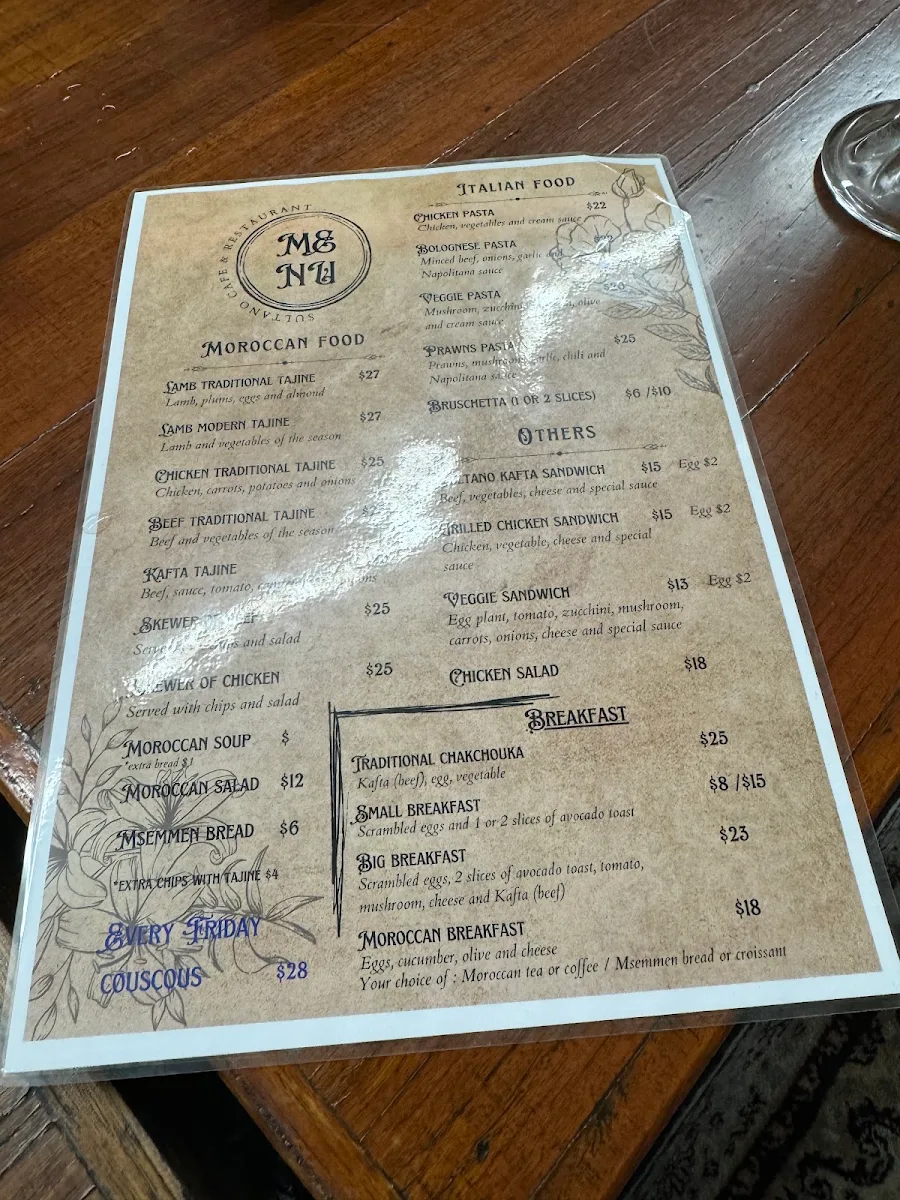 Menu, Sultano cafe