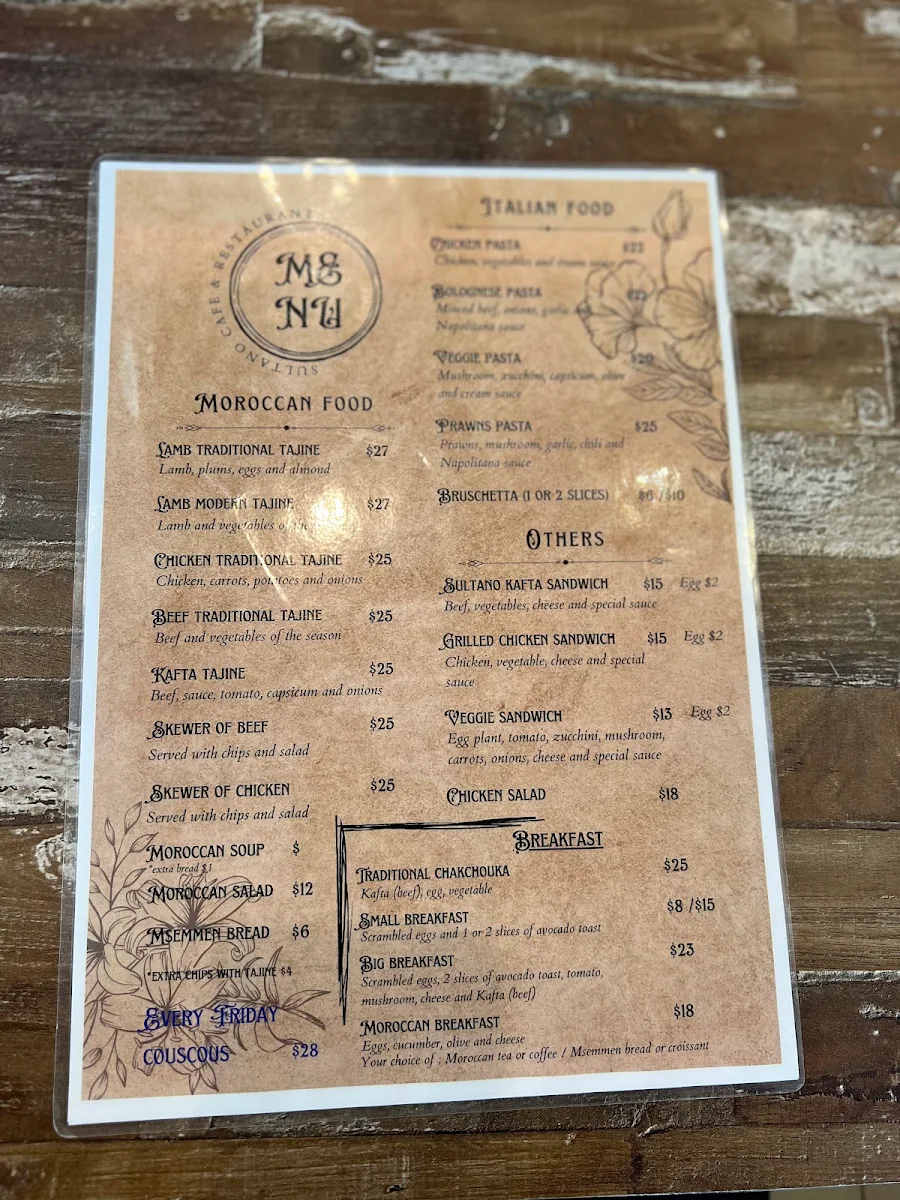 Menu, Sultano cafe