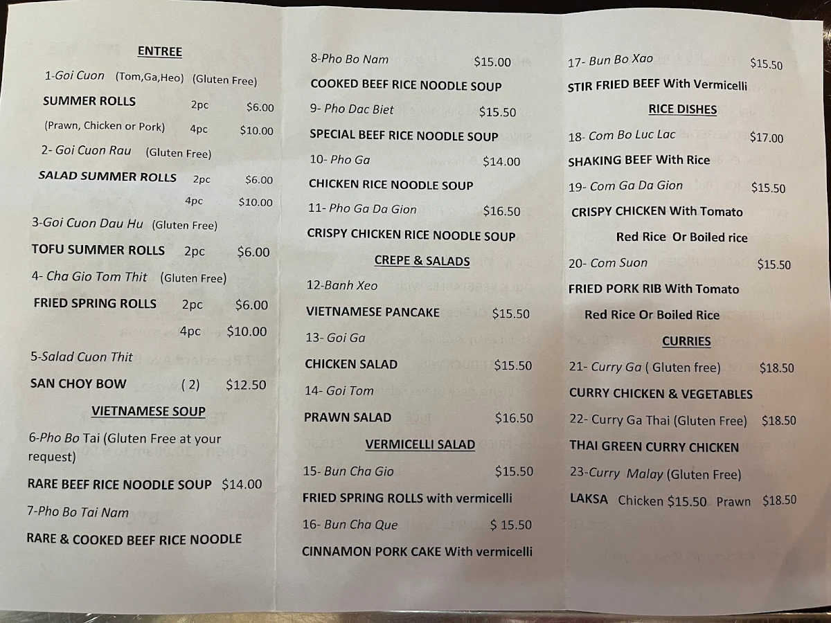 Menu, Pho Huy Restaurant