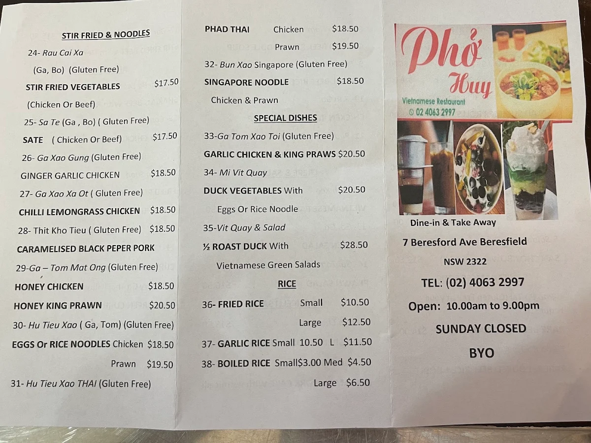 Menu, Pho Huy Restaurant