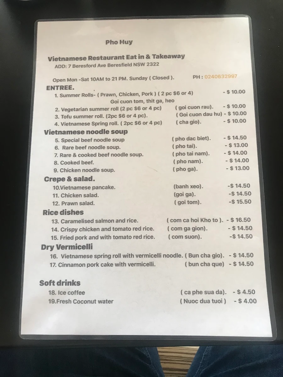 Menu, Pho Huy Restaurant