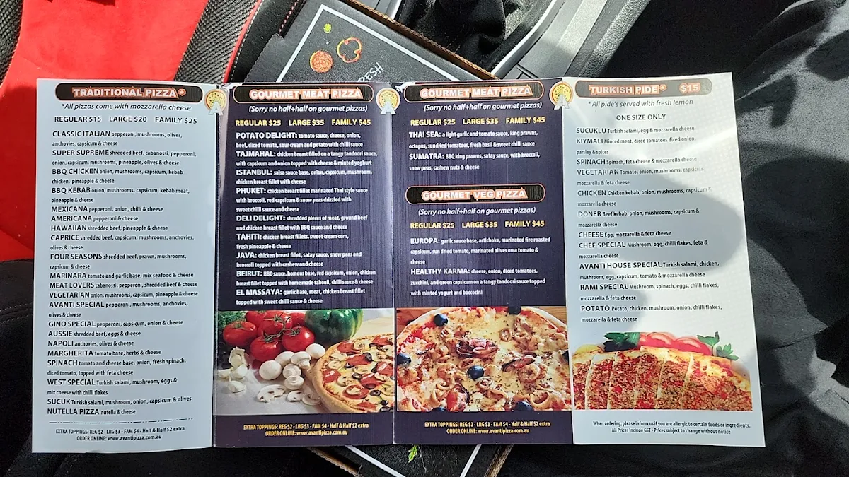 Menu, Avanti Pizza & Kebabs