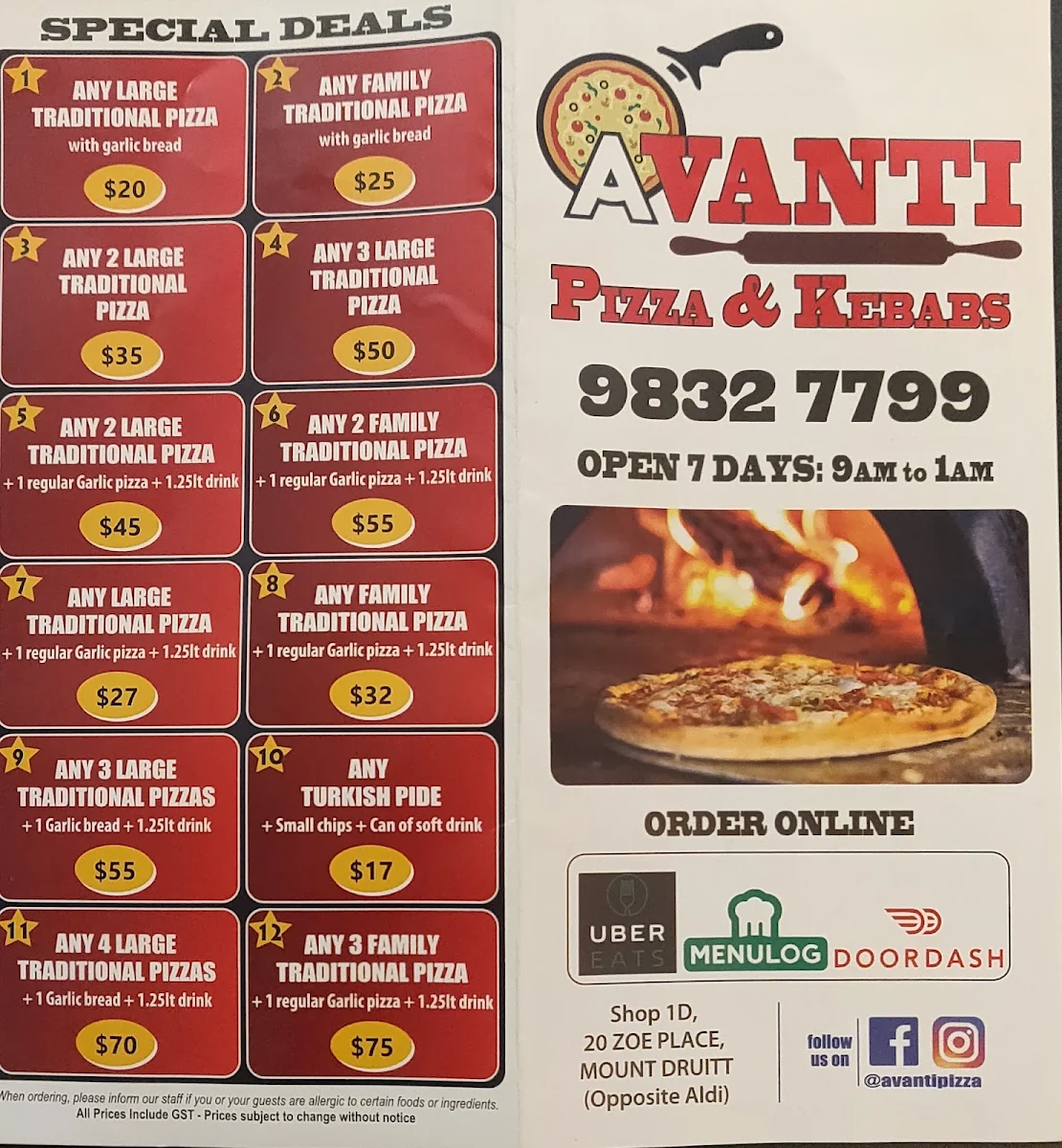 Menu, Avanti Pizza & Kebabs