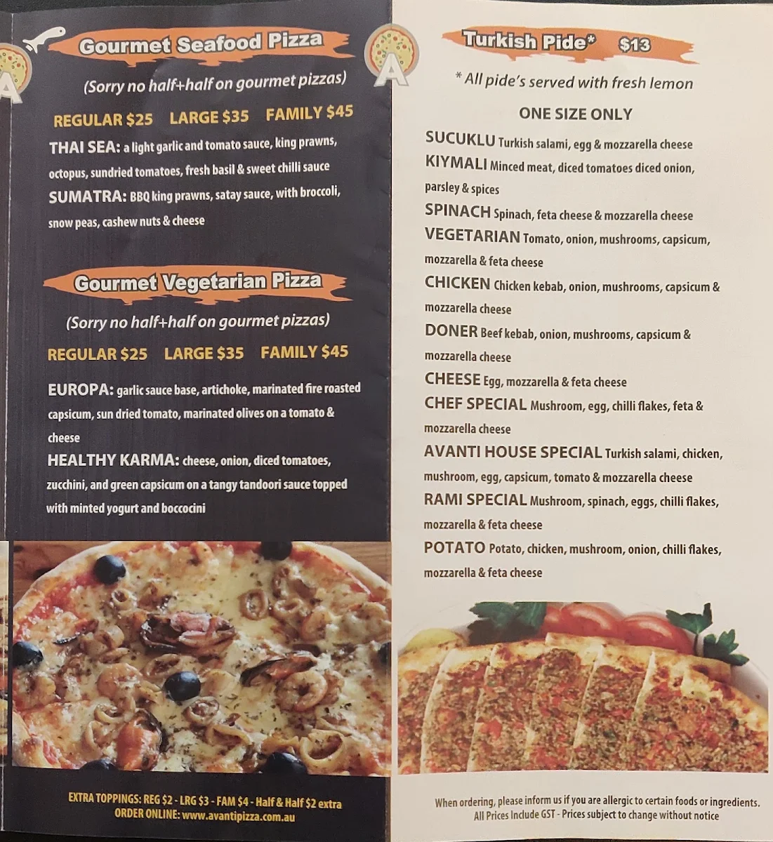 Menu, Avanti Pizza & Kebabs