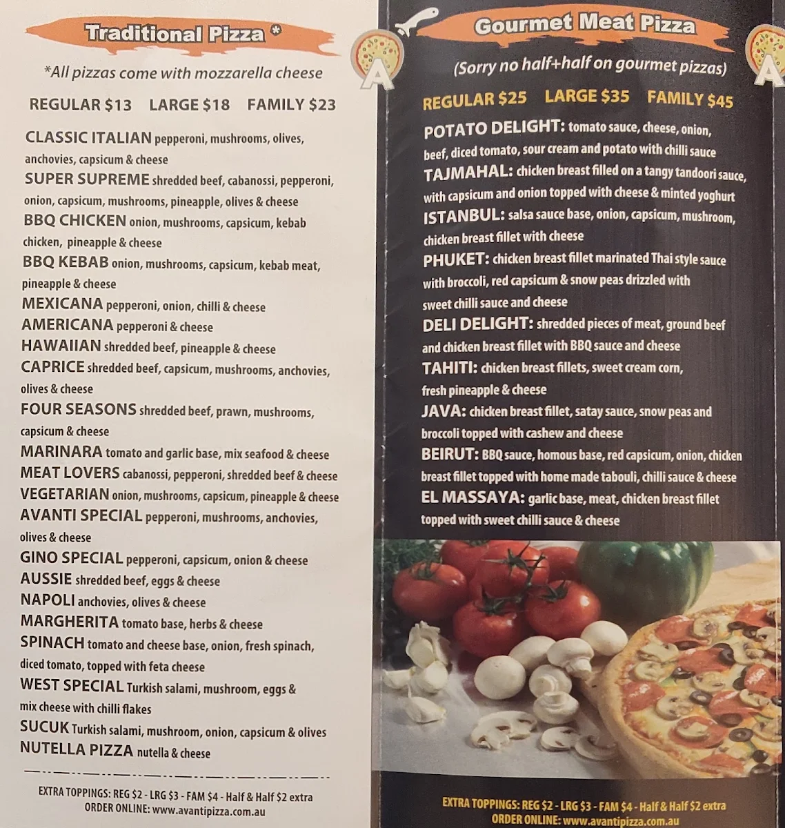 Menu, Avanti Pizza & Kebabs