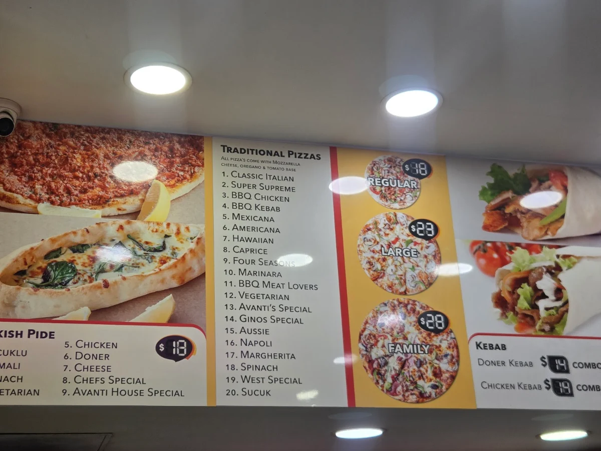 Menu, Avanti Pizza & Kebabs