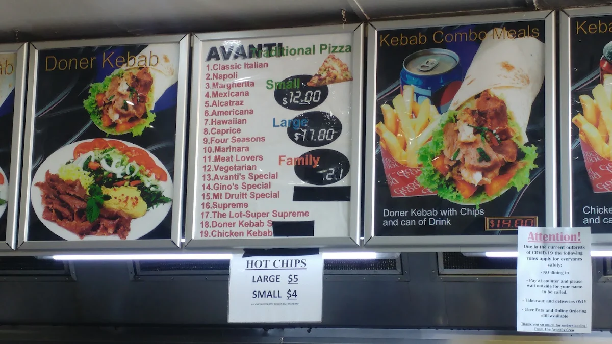Menu, Avanti Pizza & Kebabs