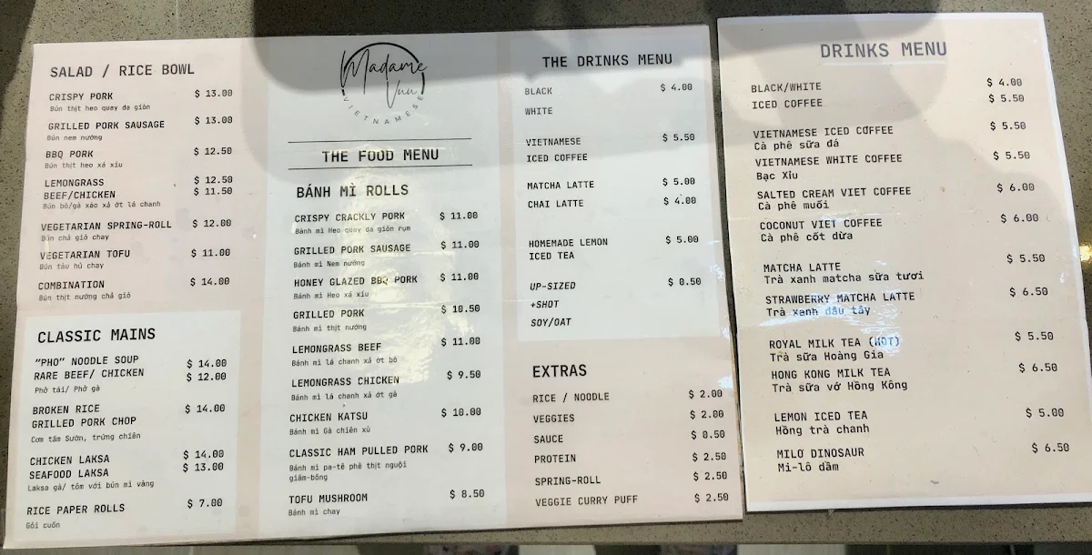 Menu, Madame Vuu