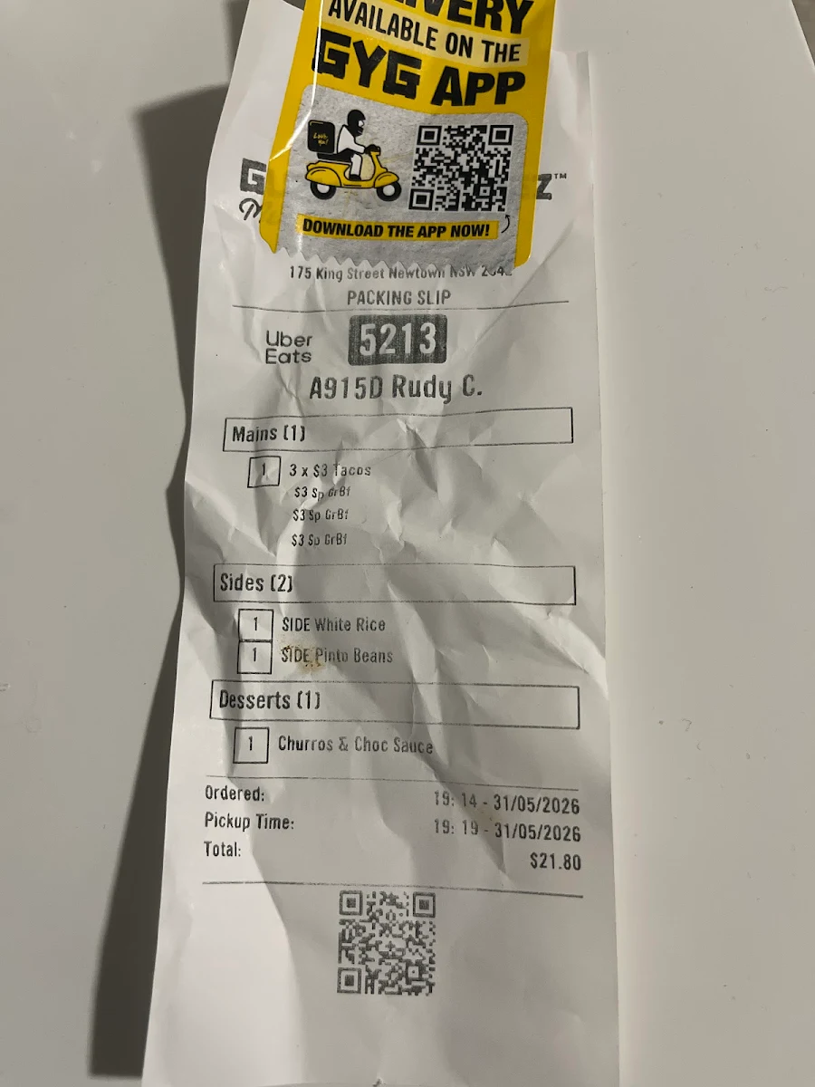 Menu, Guzman y Gomez - Newtown
