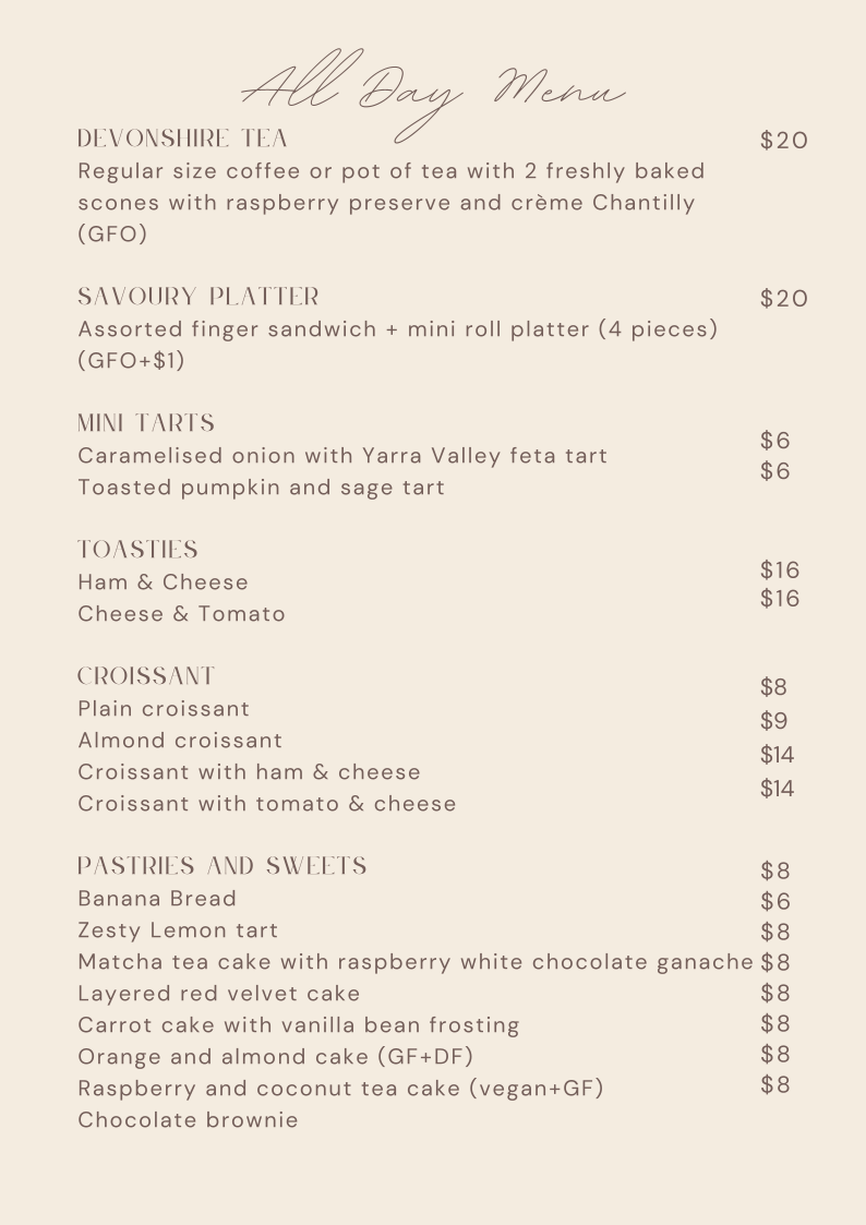 Menu, Collins Coffee House