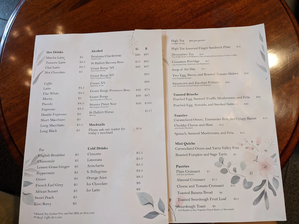 Menu, Collins Coffee House