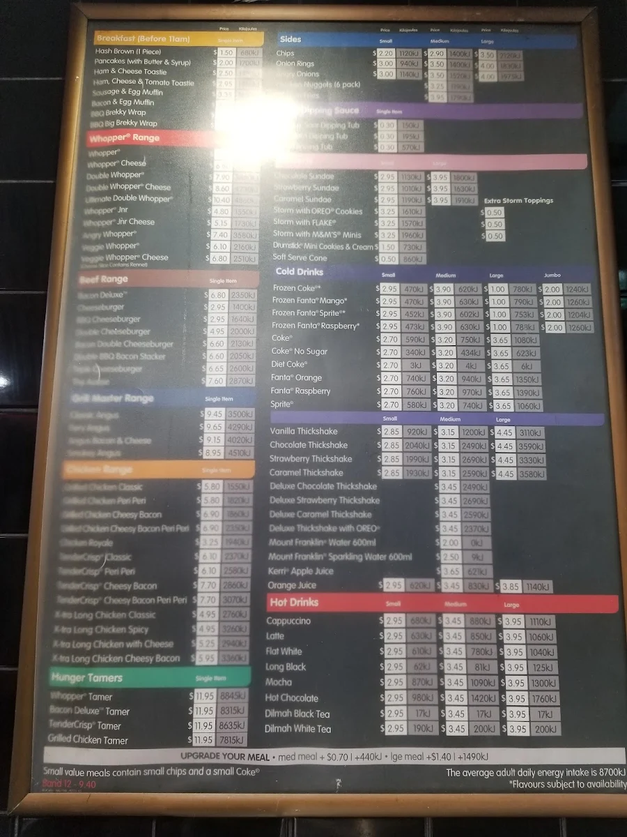 Menu, Hungry Jack's Burgers Darlinghurst