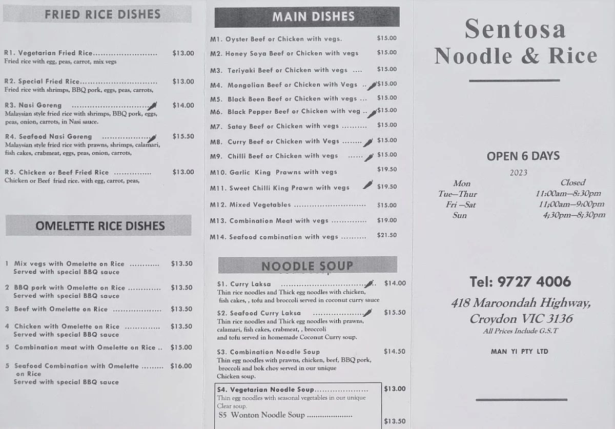 Menu, Sentosa Noodle House