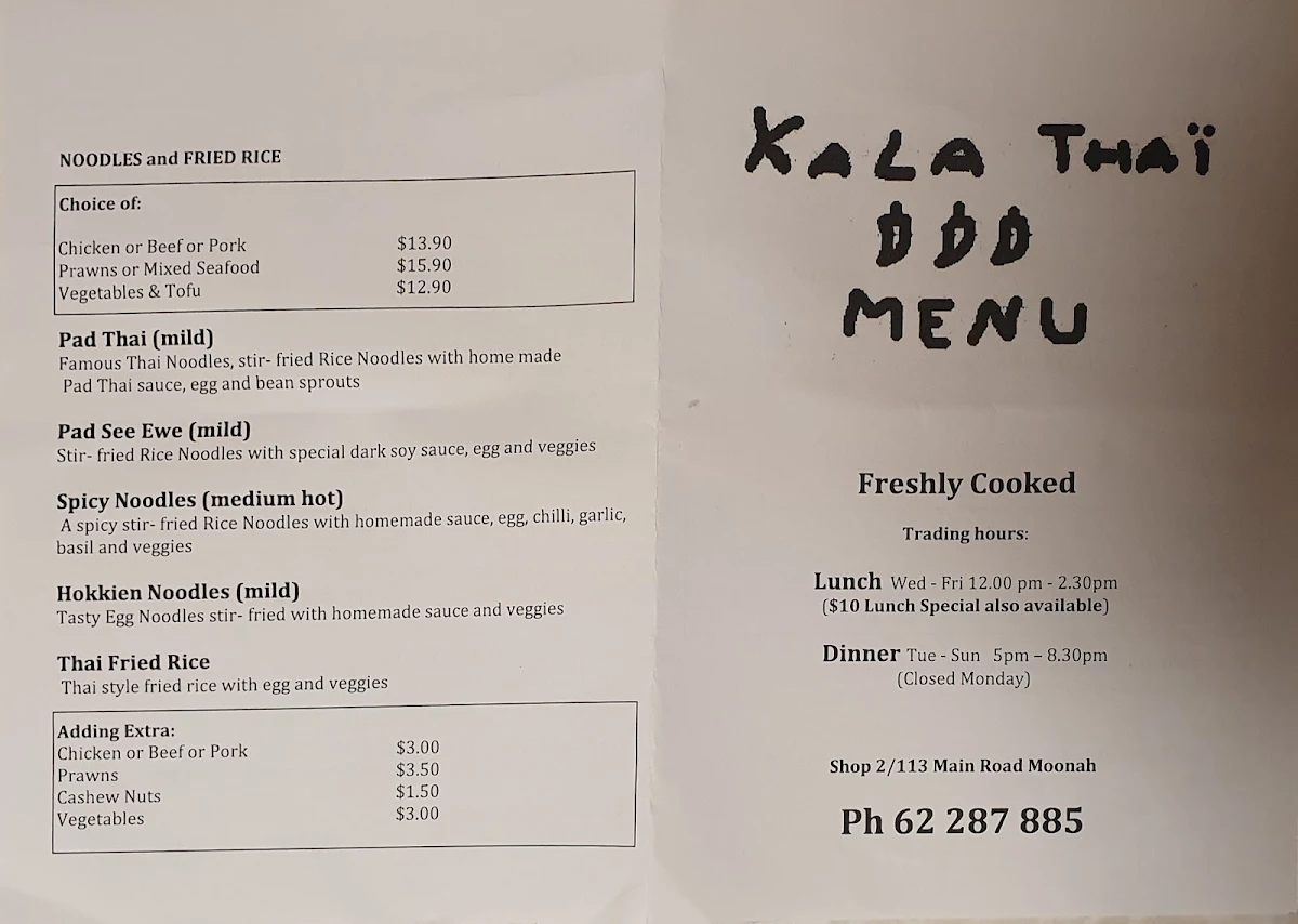 Menu, Kala Thai