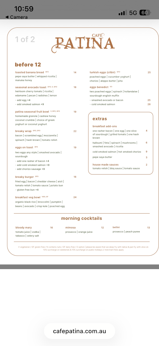 Menu, Cafe Patina