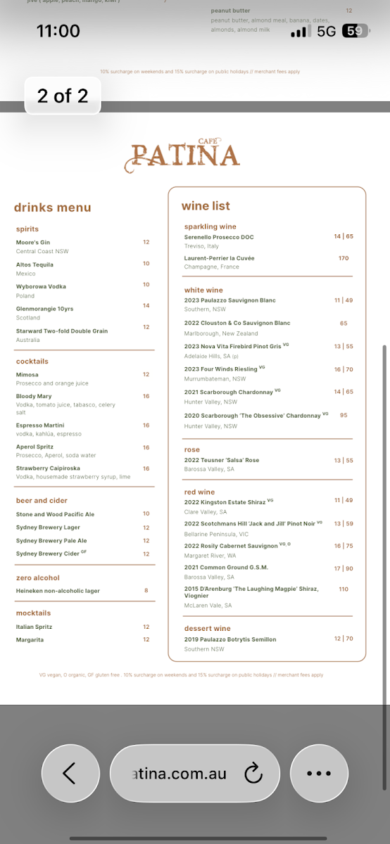 Menu, Cafe Patina