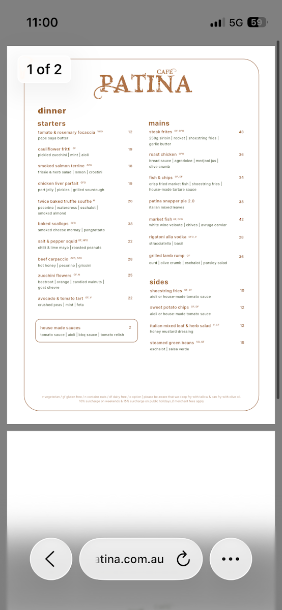 Menu, Cafe Patina