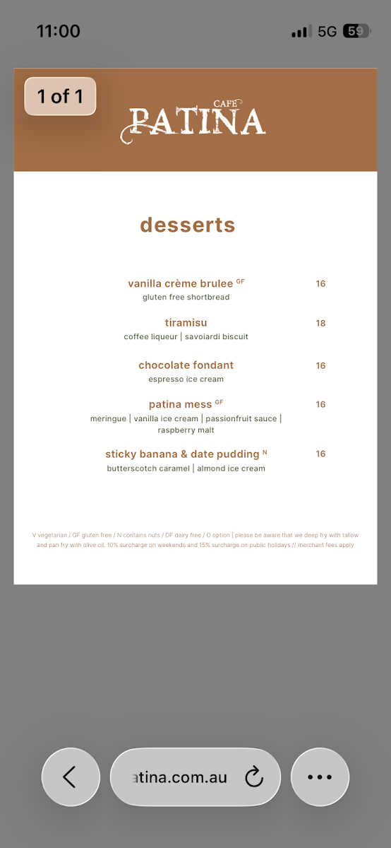 Menu, Cafe Patina