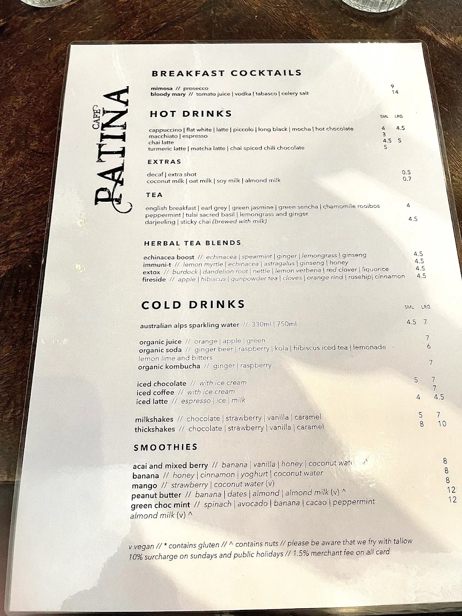 Menu, Cafe Patina