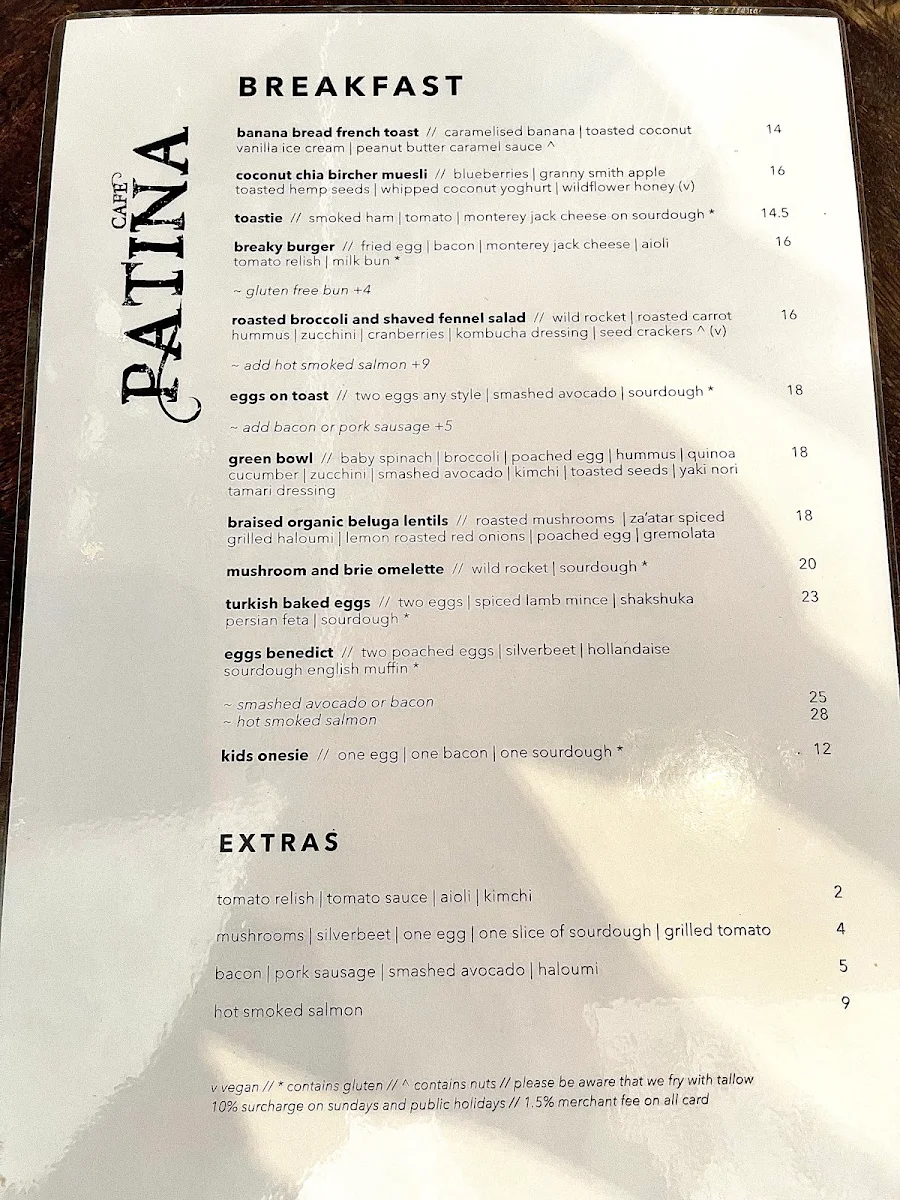 Menu, Cafe Patina
