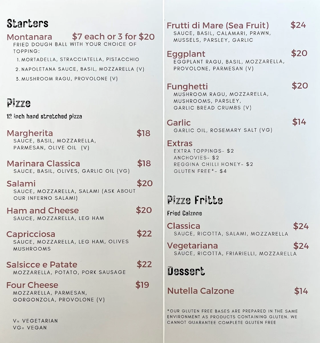 Menu, Pizza Reggina