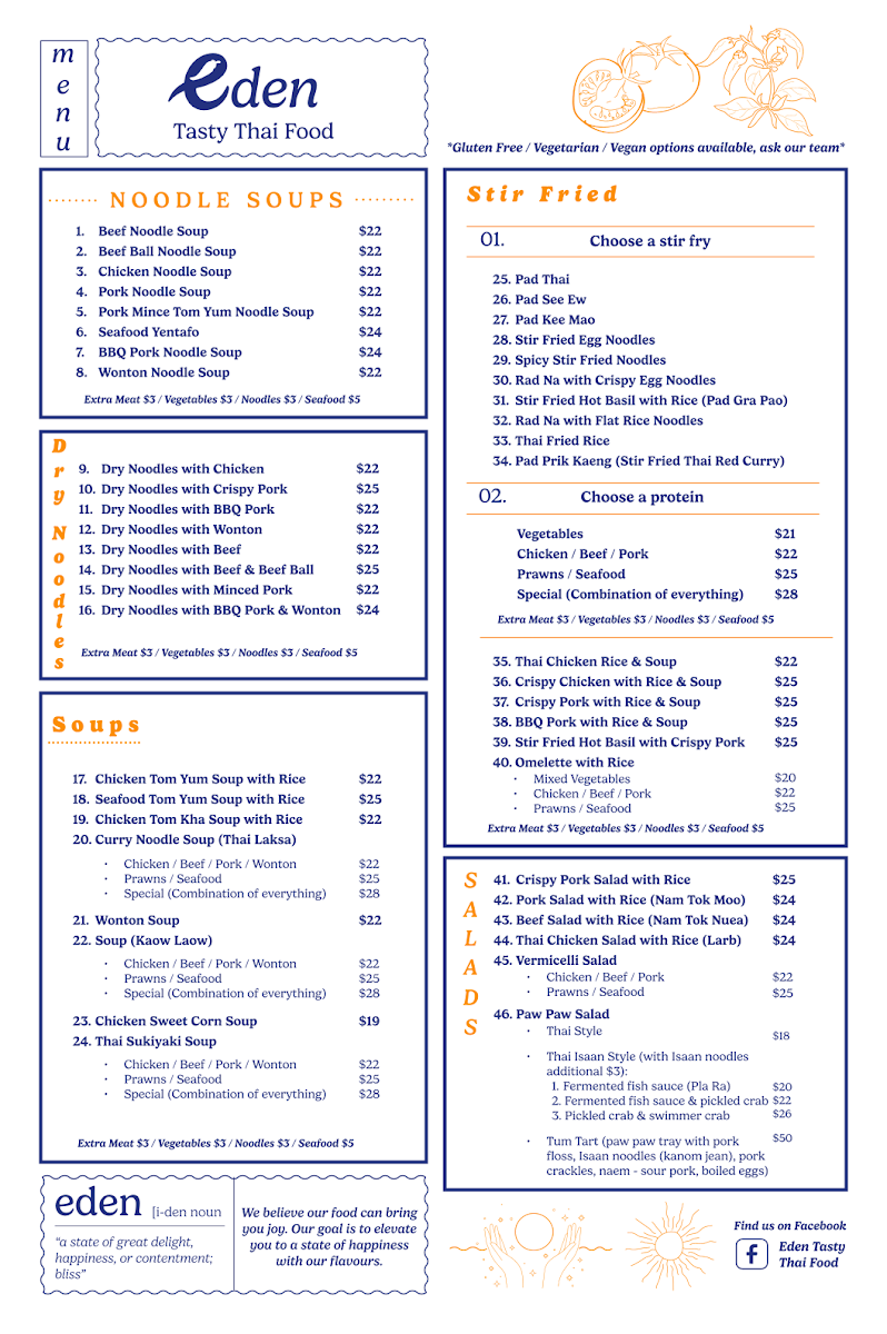 Menu, Eden Tasty Thai Food