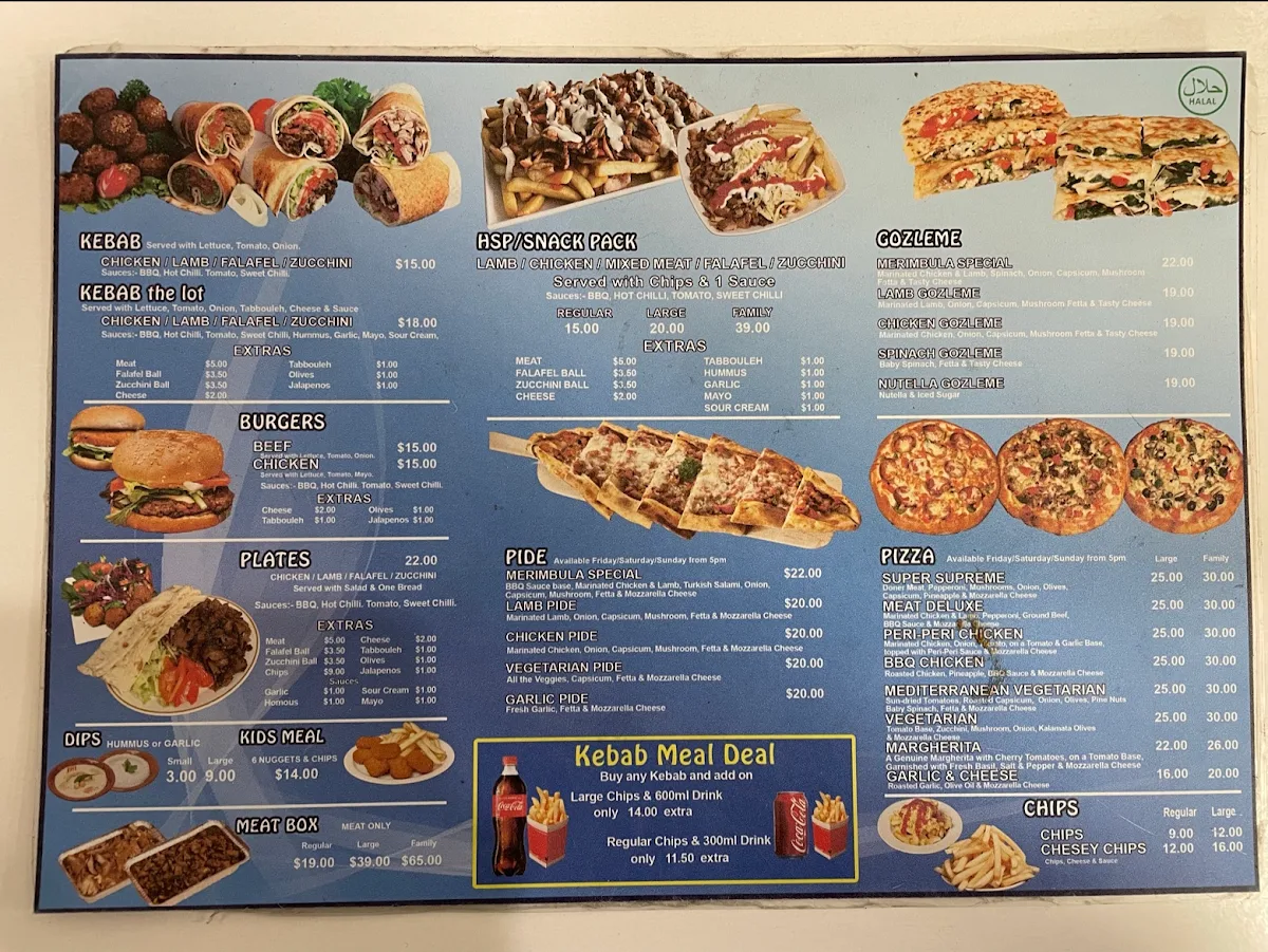 Menu, Aria Kebab & Cafe and pizza