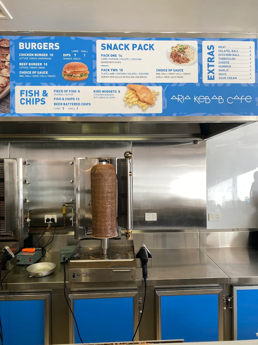 Menu, Aria Kebab & Cafe and pizza