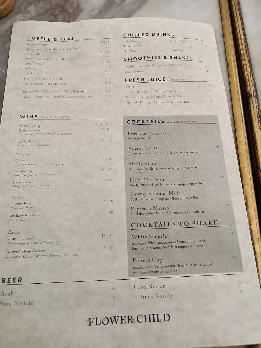 Menu, Flower Child Cafe Warringah
